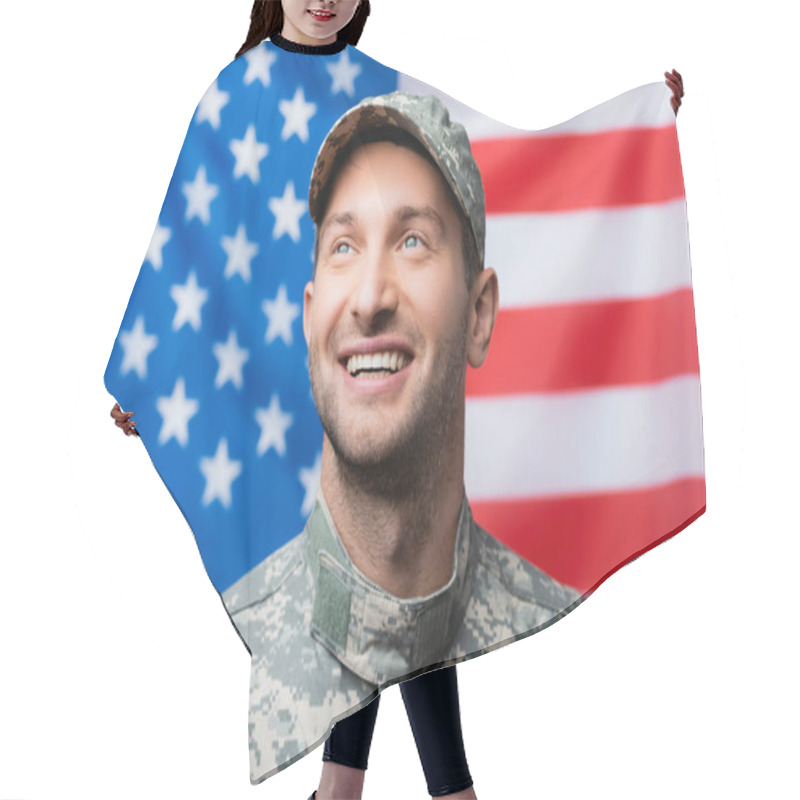 Personality  Cheerful Military Man In Uniform And Cap Smiling Near American Flag On Blurred Background Hair Cutting Cape