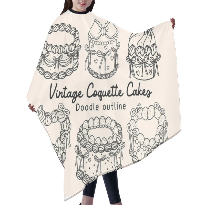 Personality  Vintage Cake Coquette Bow Doodle Retro Set Hand Drawn Outline Cake Vector Collection Hair Cutting Cape