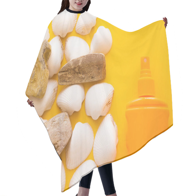 Personality  Top View Of Seashells And Stones Near Sunblock On Yellow Background  Hair Cutting Cape