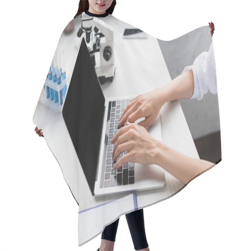 Personality  Cropped View Of Scientist Typing On Laptop With Blank Screen Near Microscope On Desk Hair Cutting Cape