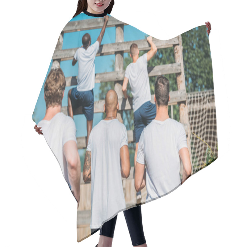 Personality  Back View Of Multicultural Soldiers Practicing Obstacle Run On Range On Summer Day Hair Cutting Cape