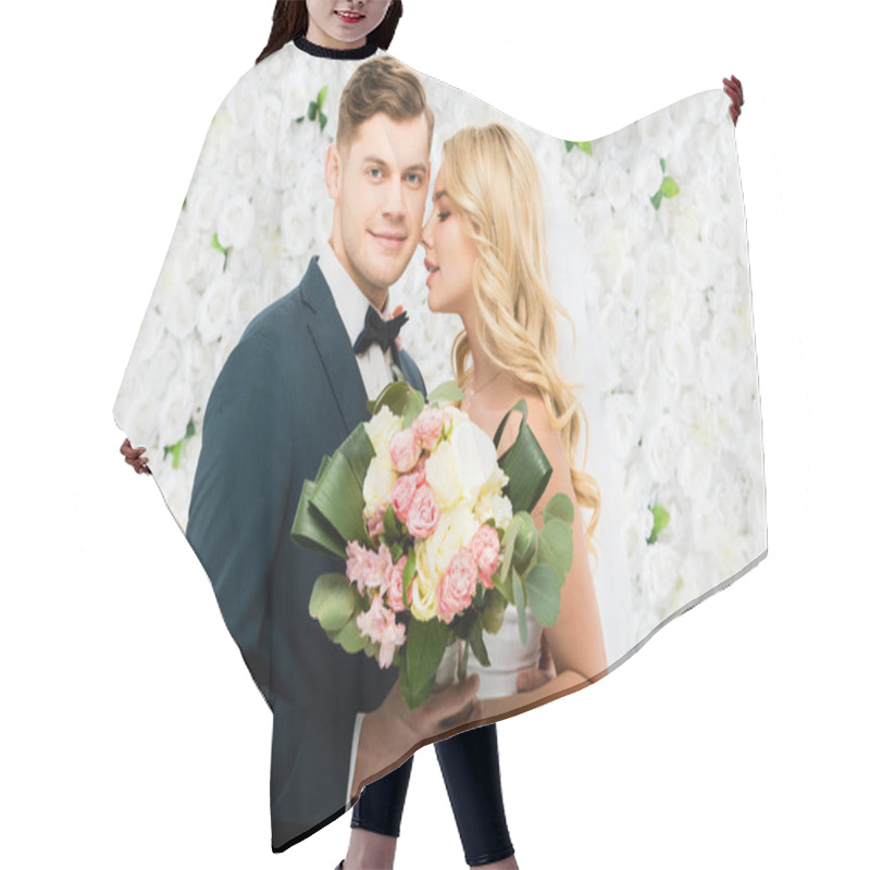 Personality  Happy Young Bride And Groom Holding Wedding Bouquet On White Floral Background Hair Cutting Cape