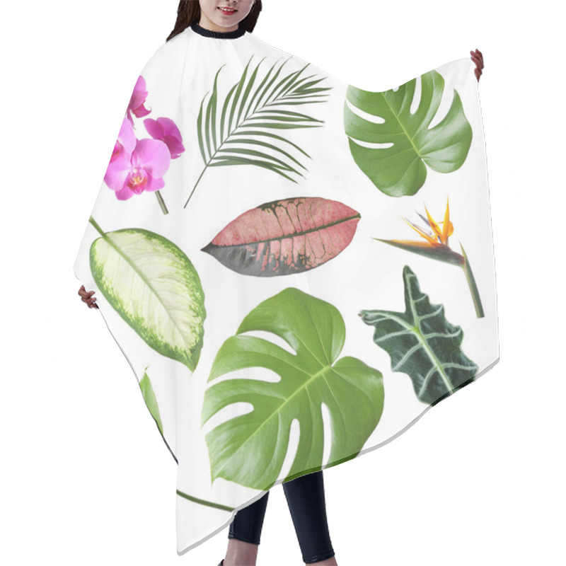 Personality  Set Of Fresh Tropical Leaves And Flowers On White Background Hair Cutting Cape