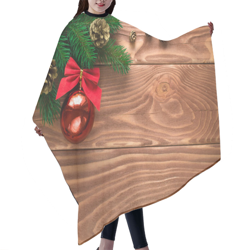 Personality  Christmas Fir Tree With Decoration On Dark Wooden Board. Soft Fo Hair Cutting Cape