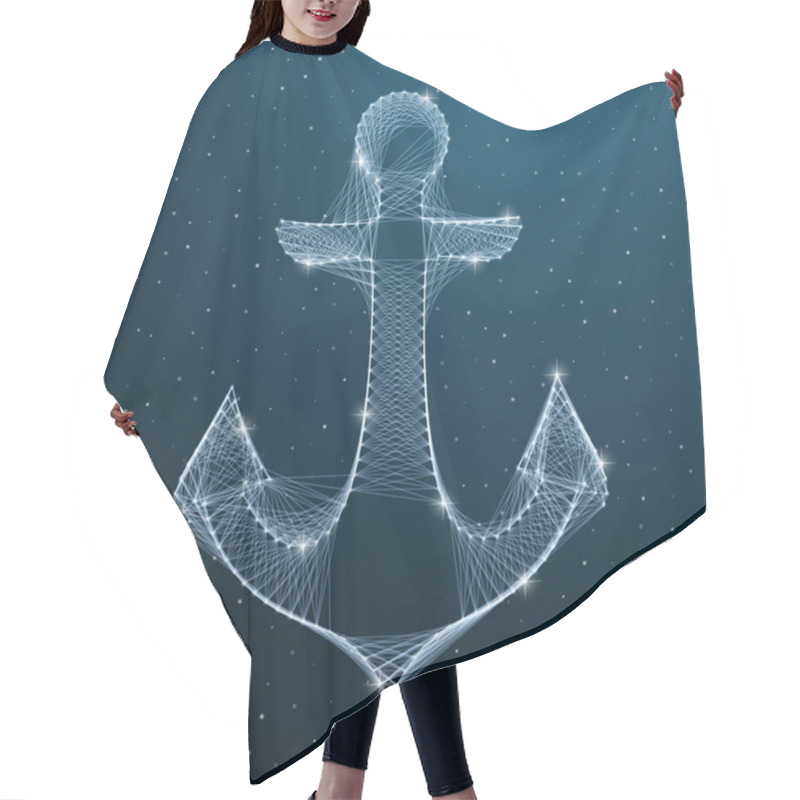 Personality  Nautical Anchor Low Poly Digital Silhouette With Lines And Dots On Blue Dark Star Sky. Polygonal 3d Marine Anchor Connection. Vector Illustration Hair Cutting Cape