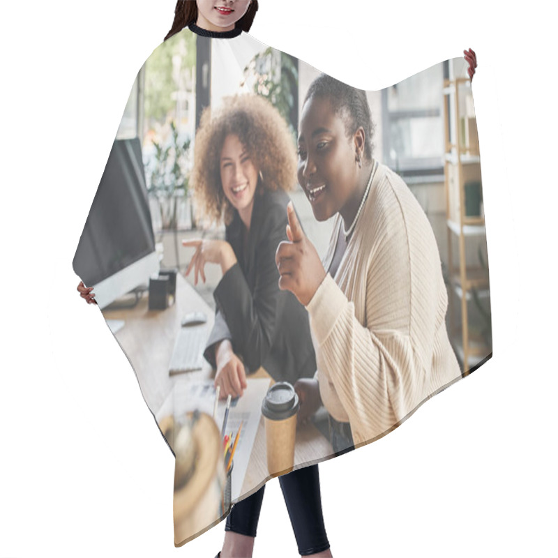 Personality  Creative Team Of Ambitious Multiethnic Businesswomen Talking Near Computer And Documents In Office Hair Cutting Cape