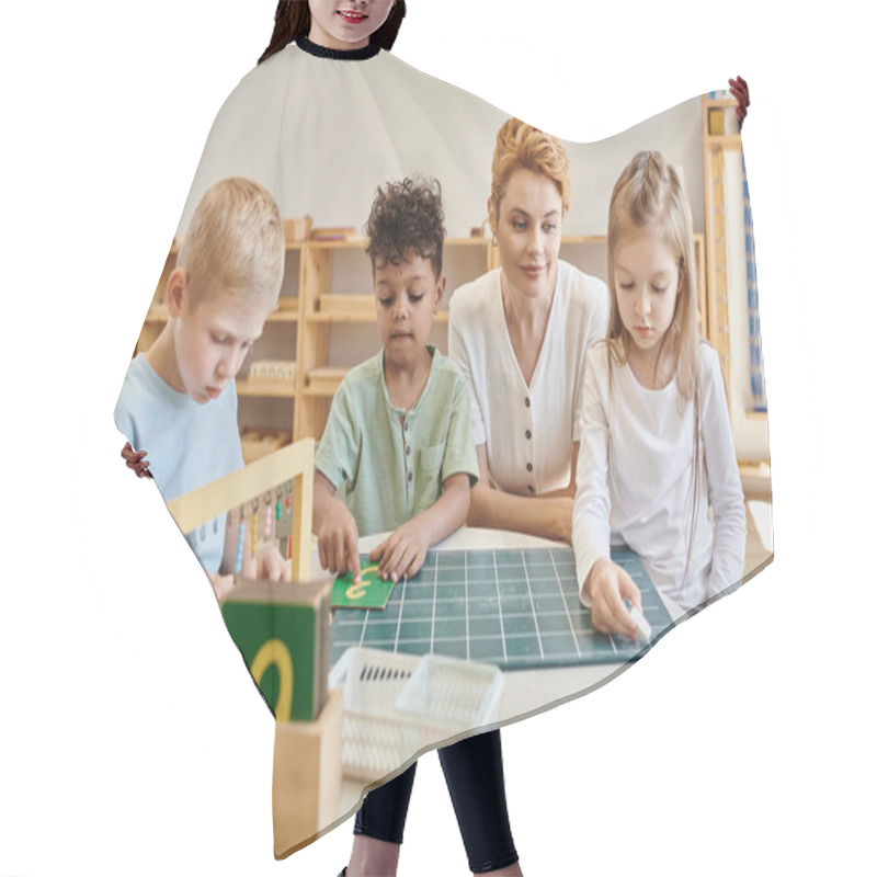 Personality  Montessori School Concept, Multicultural Children, Girl Writing On Chalkboard Near Teacher And Boys Hair Cutting Cape