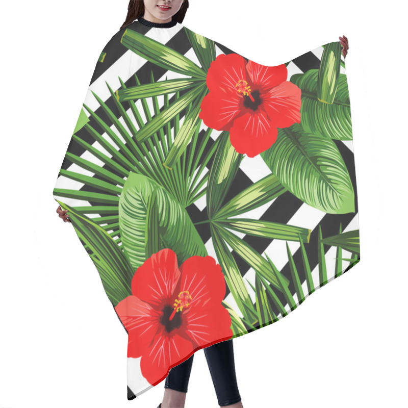 Personality  Tropical Flowers And Leaves Pattern, Black And White Geometric B Hair Cutting Cape