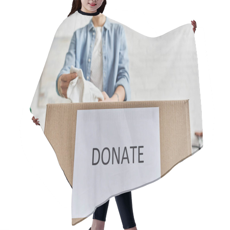 Personality  Social Good Initiatives, Partial View Of Young Woman Packing Clothing In Carton Box With Donate Lettering At Home, Blurred Background, Sustainable Living And Social Responsibility Concept Hair Cutting Cape