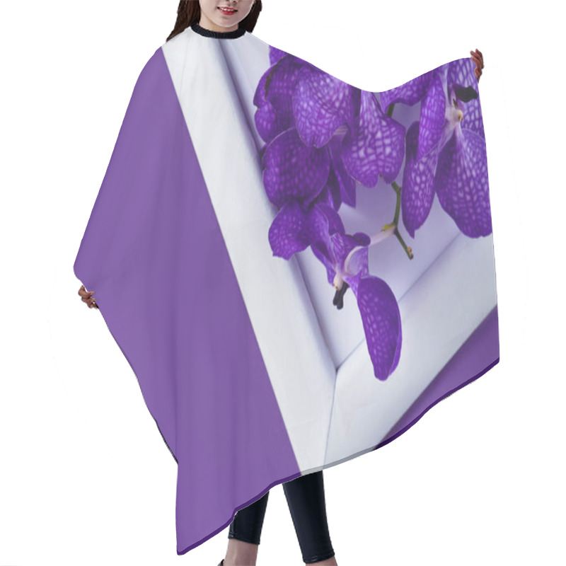 Personality  Top View Of Orchid Flowers On White Frame On Purple Surface Hair Cutting Cape