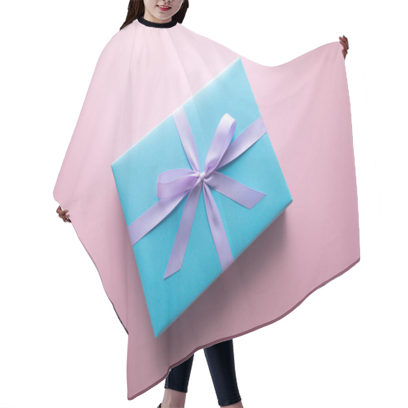 Personality  Top View Of Blue Gift Box With Violet Satin Ribbon On Pink Background Hair Cutting Cape