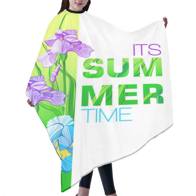 Personality  Its Summer Time  Banner With Blue And Purple Flowers, Flower Iris Design For Banner, Flyer, Invitation, Poster, Placard, Web Site Or Greeting Card.  Hair Cutting Cape