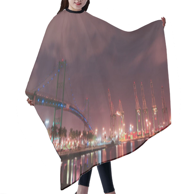 Personality  Image Showing A Night Scene At The Los Angeles Harbor Including The Vincent Thomas Bridge. Hair Cutting Cape