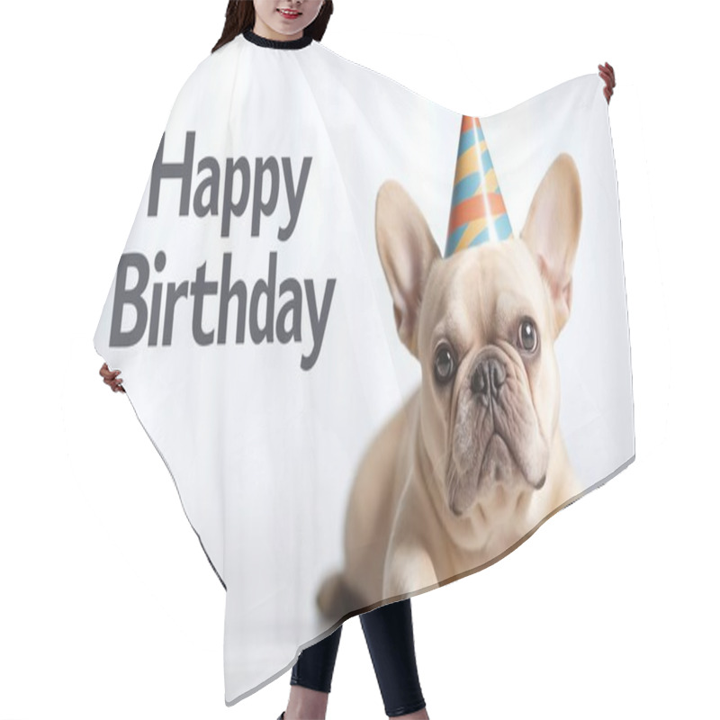 Personality  Cute French Bulldog Wearing A Festive Party Hat With 'Happy Birthday' Text. Perfect For Birthday Cards And Celebration Themes. Hair Cutting Cape