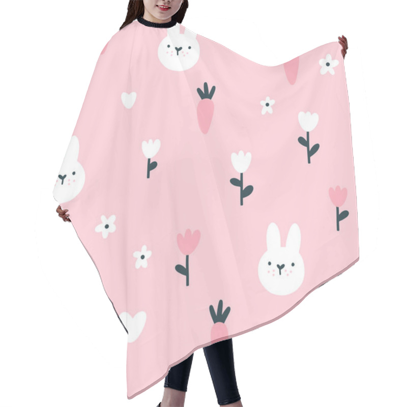 Personality  Rabbit Seamless Pattern. Cute Character With Wildflowers And Carrot. Baby Cartoon Vector In Simple Hand-drawn Scandinavian Style. Nursery Illustration On Pink Background. Hair Cutting Cape