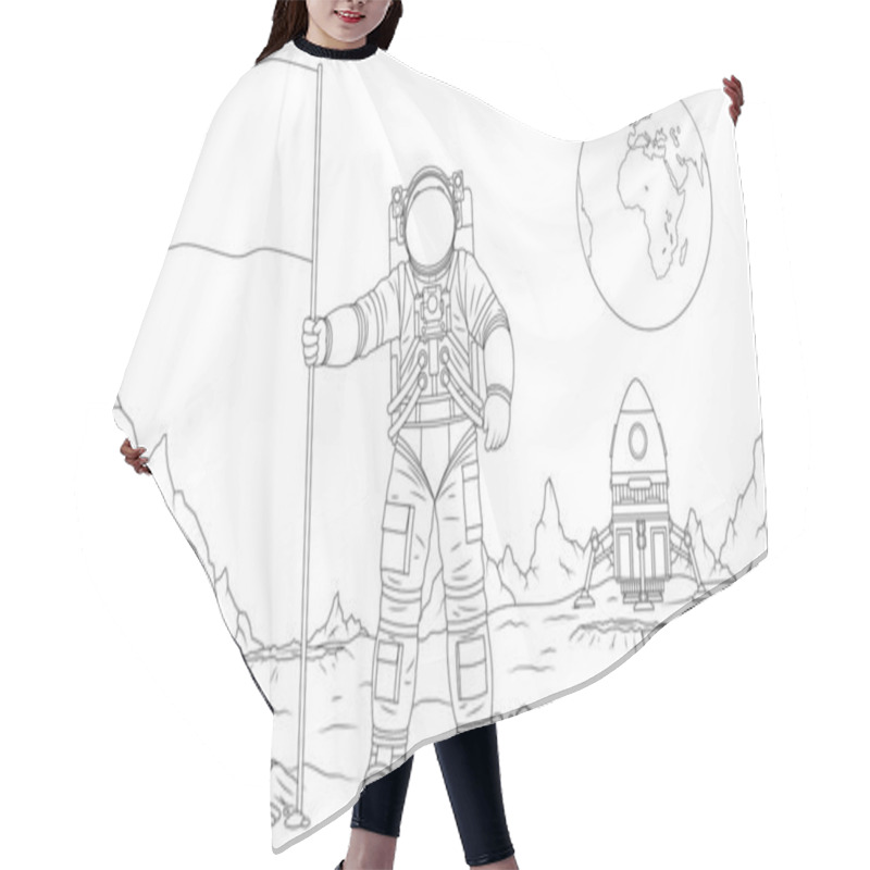 Personality  Vector Illustration, Astronaut On The Moon Sets The Flag Hair Cutting Cape