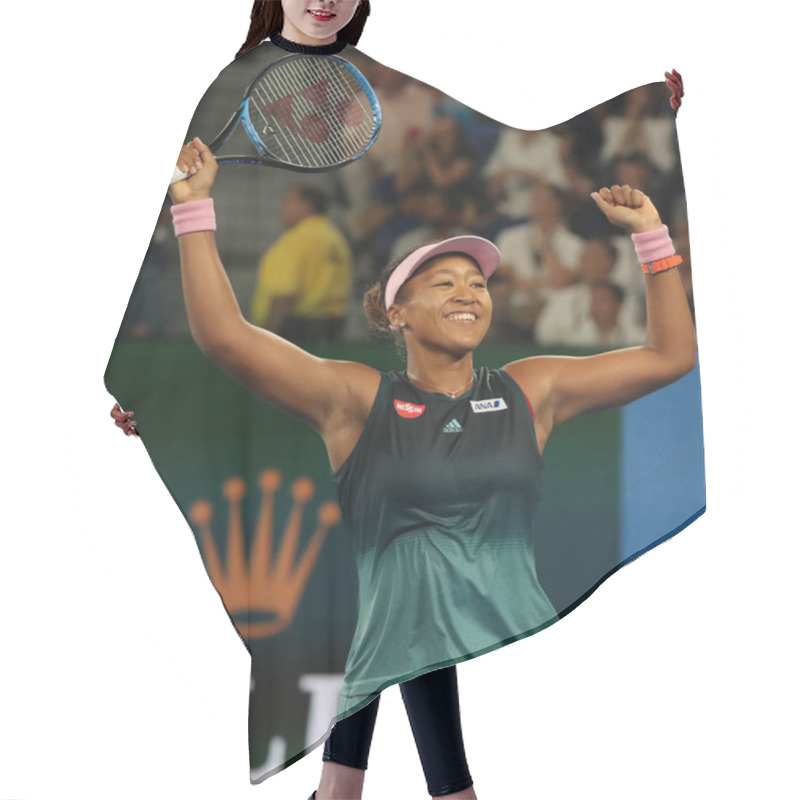 Personality  MELBOURNE, AUSTRALIA - JANUARY 24, 2019: Grand Slam Champion Naomi Osaka Of Japan Celebrates Victory After Her Semifinal Match At 2019 Australian Open In Melbourne Park Hair Cutting Cape