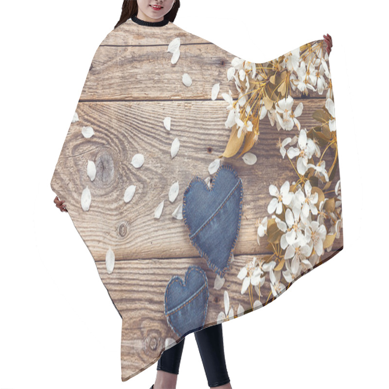 Personality  Blossoms Branch Of Apple And Denim Heart Shape On Wooden Backgro Hair Cutting Cape