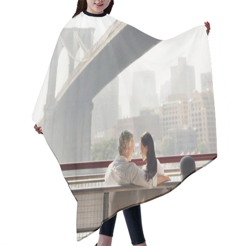 Personality  Couple Relaxing On Bench Under Brooklyn Bridge Hair Cutting Cape