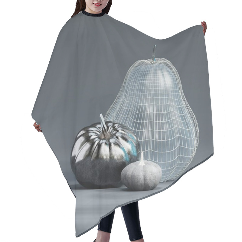 Personality  Stylish 3D Arrangement Of Metallic Pumpkins And A Pear With A Wireframe Texture. Hair Cutting Cape