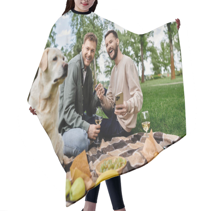 Personality  A Bearded Gay Couple Enjoys A Picnic In A Green Park With Their Labrador Dog. Hair Cutting Cape