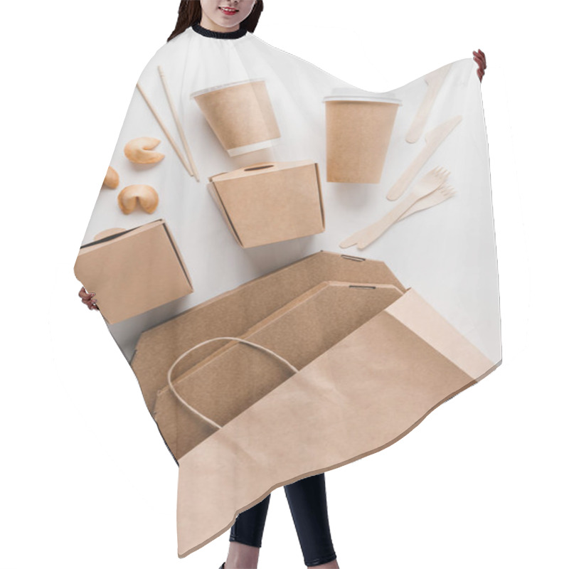 Personality  Top View Of Junk Food In Take Away Boxes On White Hair Cutting Cape