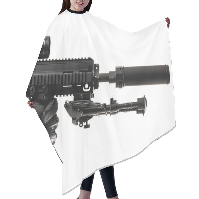 Personality  Detailed Shot Of A Tactical Firearm Featuring A Hand Gripping The Frame, Showcasing Advanced Accessories Like A Scope And Suppressor. Isolated On A White Background, Conveying Technology And Professional Use. Hair Cutting Cape