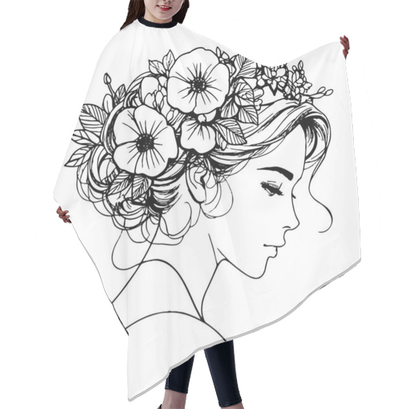 Personality  Elegant Linear Portrait Of A Young Woman With Flowers In Her Hair. Opulent, Contemporary Illustration With Soft Black Lines On A White Backdrop In Boho Style. Hair Cutting Cape