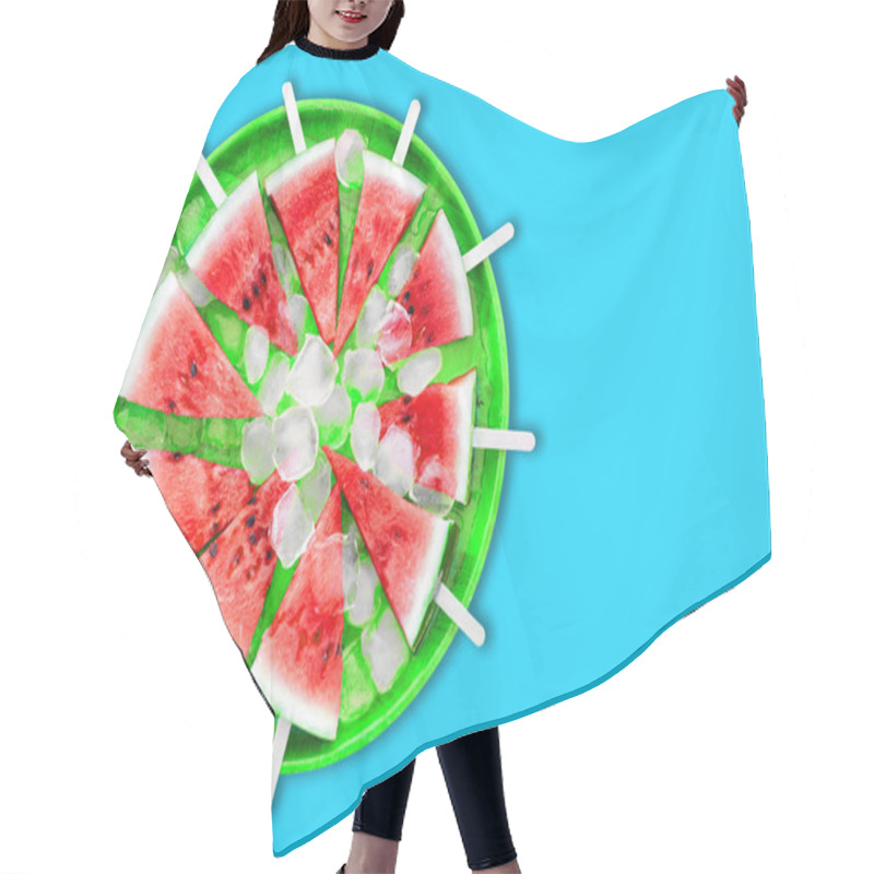 Personality  Slice Of Watermelon With Ice Cubes On A Blue Background Hair Cutting Cape