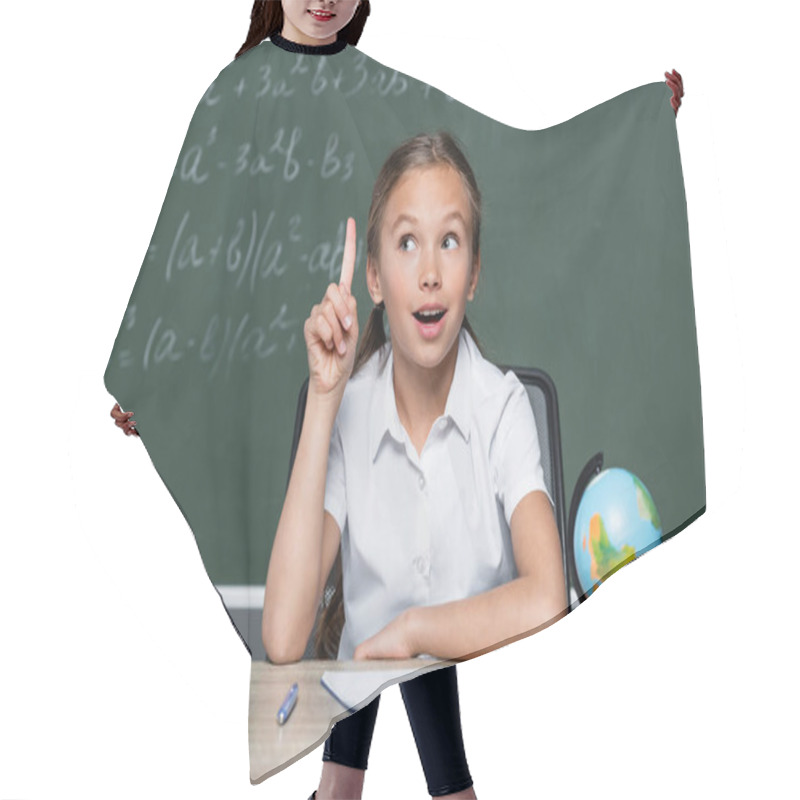 Personality  Amazed Schoolgirl Showing Idea Gesture Near Globe, Notebook And Blurred Chalkboard Hair Cutting Cape