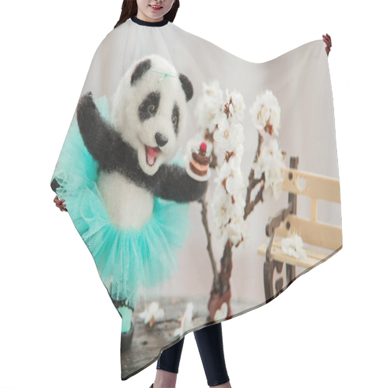 Personality   Toy Happy Panda Holding Cake And Count Calories. Hair Cutting Cape