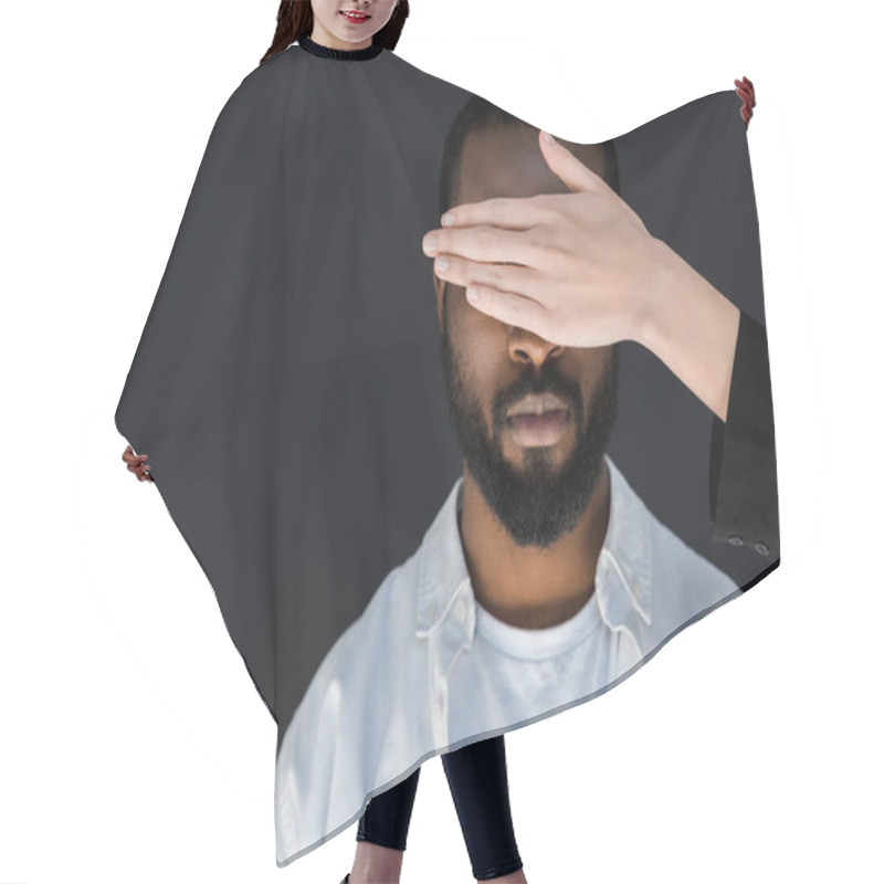 Personality  Cropped Image Of Girlfriend Closing African American Boyfriend Eyes Isolated On Black Hair Cutting Cape