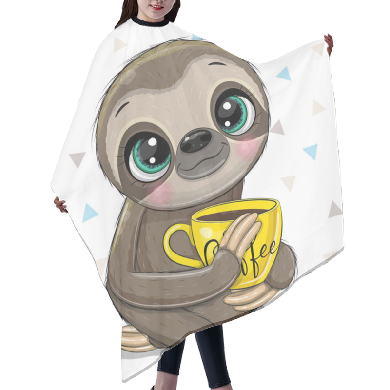 Personality  Cartoon Sloth With A Yellow Cup Of Coffee Hair Cutting Cape