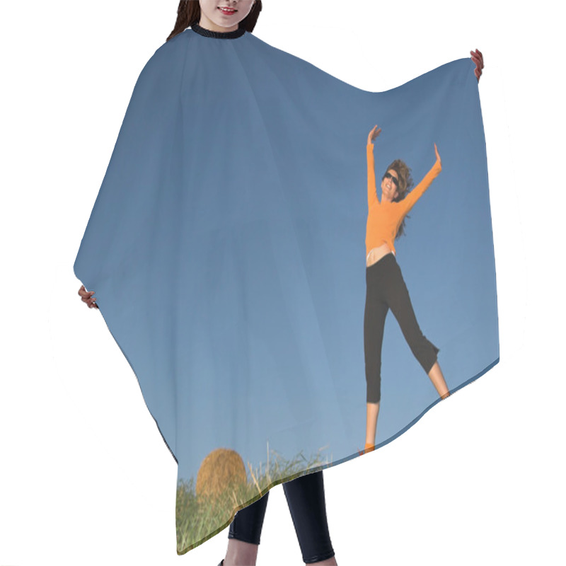 Personality  Woman Jumping In A Hay Bales Field Hair Cutting Cape