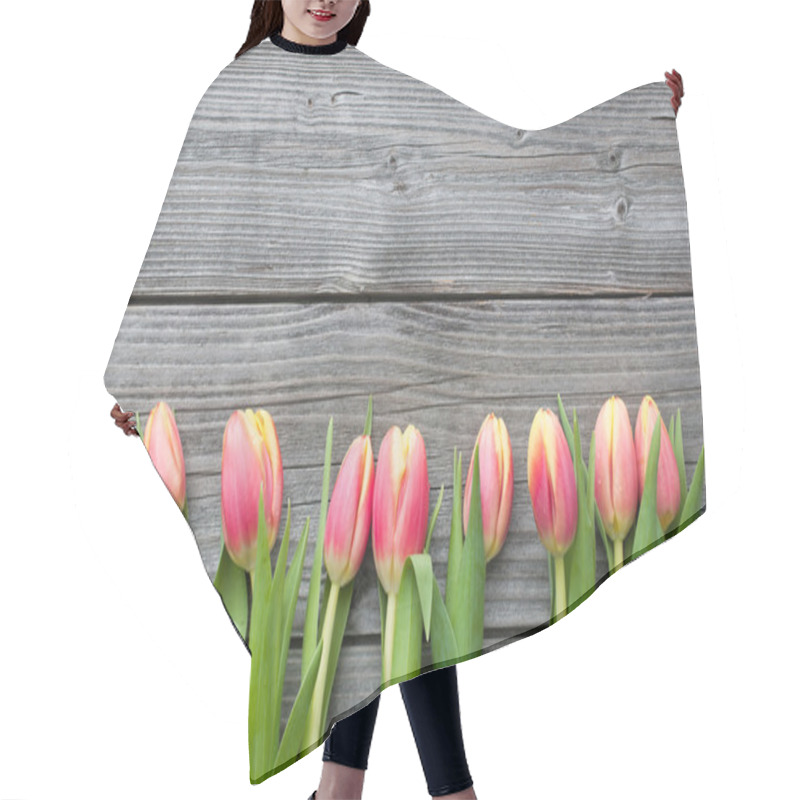 Personality  Fresh Tulips Arranged On Old Wooden Backgroun Hair Cutting Cape