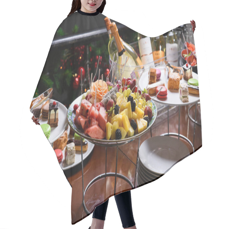 Personality  Sliced Fruit On A Plate With Skewers And Plates Of Sweets. Hair Cutting Cape