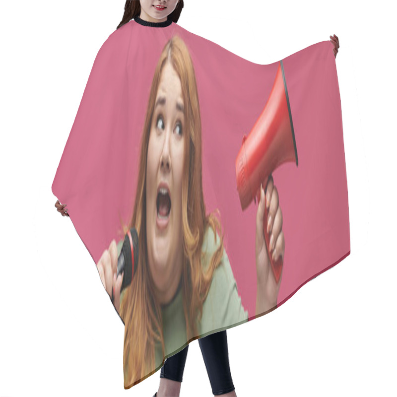 Personality  A Woman Stands Confidently, Holding A Microphone And A Megaphone. Hair Cutting Cape