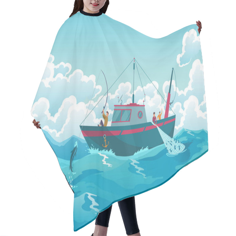 Personality  Fishing Boat. Commercial Fishing Industry, Ship In Ocean. Banner With Watercraft Or Motor Boat For Fishing Industry And Fishermen Characters. Seascape With Fishermen On Fishing Boat With Nets. Hair Cutting Cape