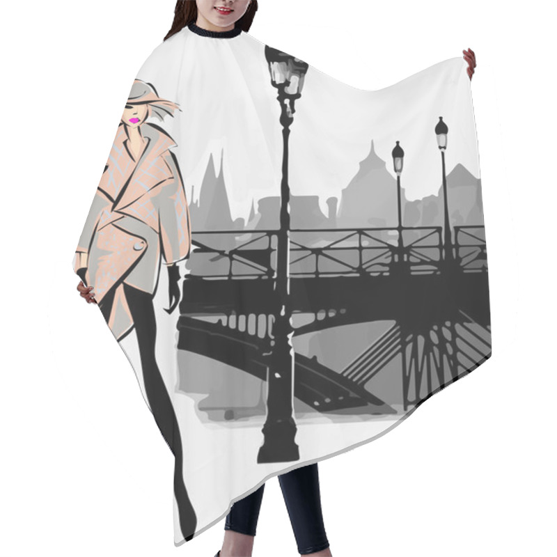 Personality  Fashion Models In Sketch Style Fall Winter With Paris City Background Hair Cutting Cape