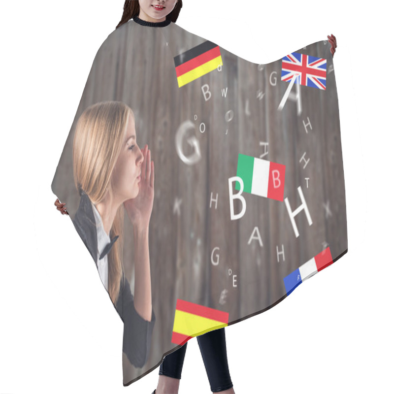 Personality  Foreign Language. Concept - Learning, Speaking, Travel Hair Cutting Cape