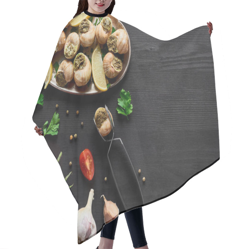 Personality  Top View Of Delicious Cooked Escargots On Black Wooden Table With Ingredients And Tweezers Hair Cutting Cape