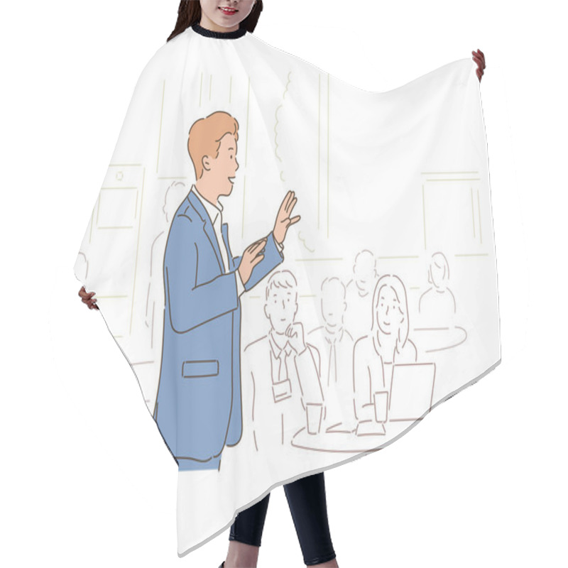 Personality  A Woman Is Introducing Herself By Pointing A Finger At Her. Hand Drawn Style Vector Design Illustrations. Hair Cutting Cape