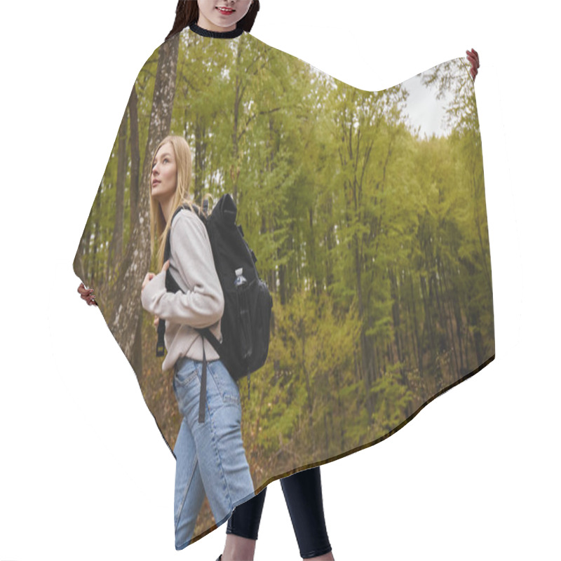 Personality  Side View Of Woman Tourist With Backpack Walking At Footpath In Woodland Hiking At Autumn Forest Hair Cutting Cape