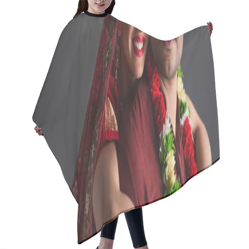 Personality  Cropped View Of Cheerful Indian Bride Hugging Bridegroom Isolated On Grey, Banner Hair Cutting Cape