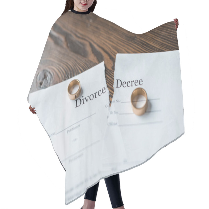 Personality  Close-up Shot Of Teared Divorce Decree And Engagement Rings On Wooden Surface Hair Cutting Cape