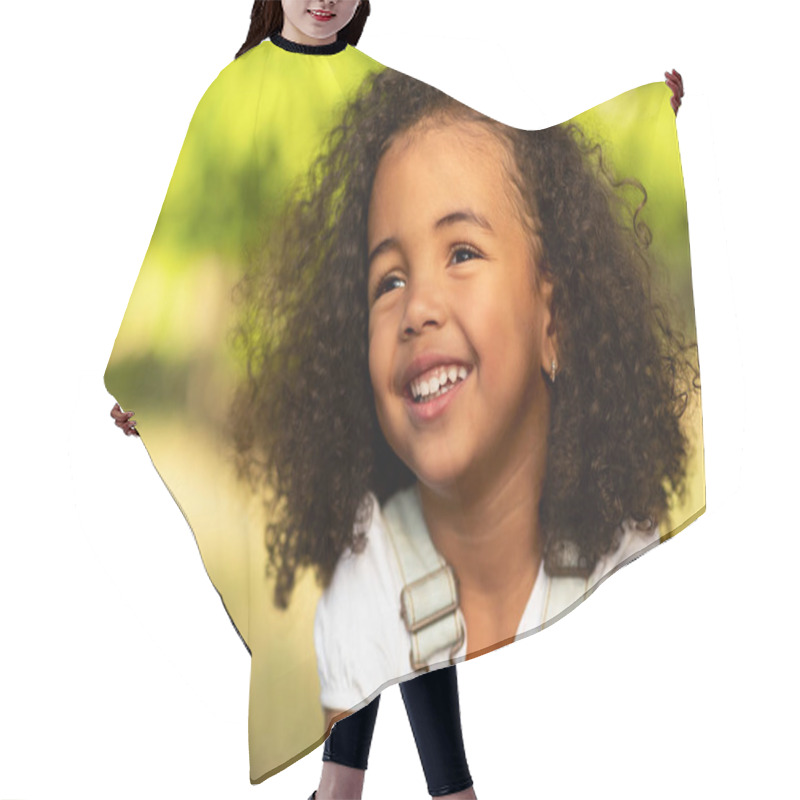 Personality  Cute Afro Girl Smiling Broadly Outdoors, Having Picnic With Parents Hair Cutting Cape