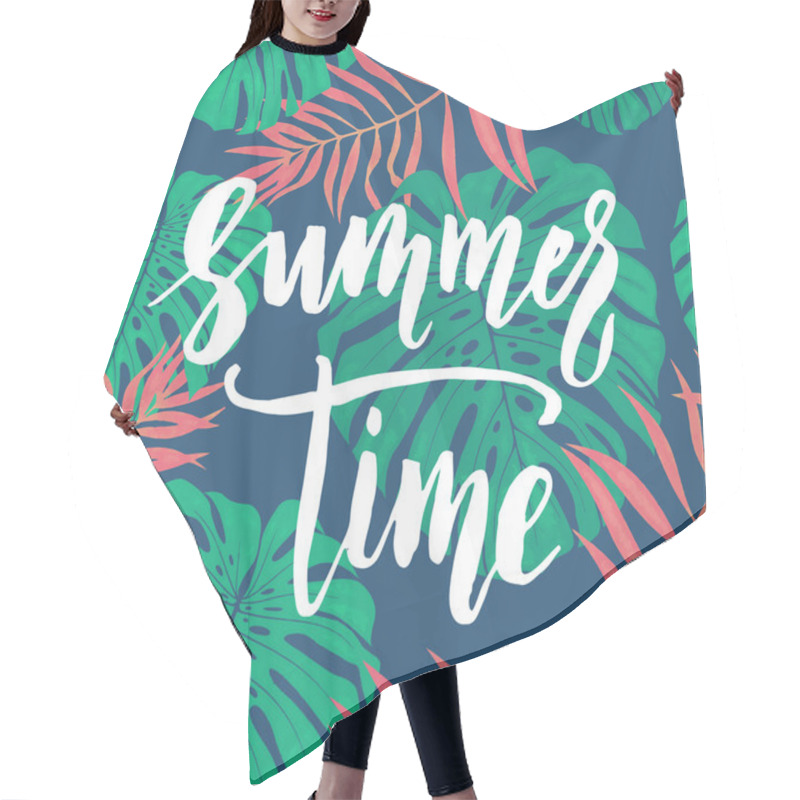 Personality  Summer Time Card With Tropical Leaf Seamless Pattern. Hair Cutting Cape