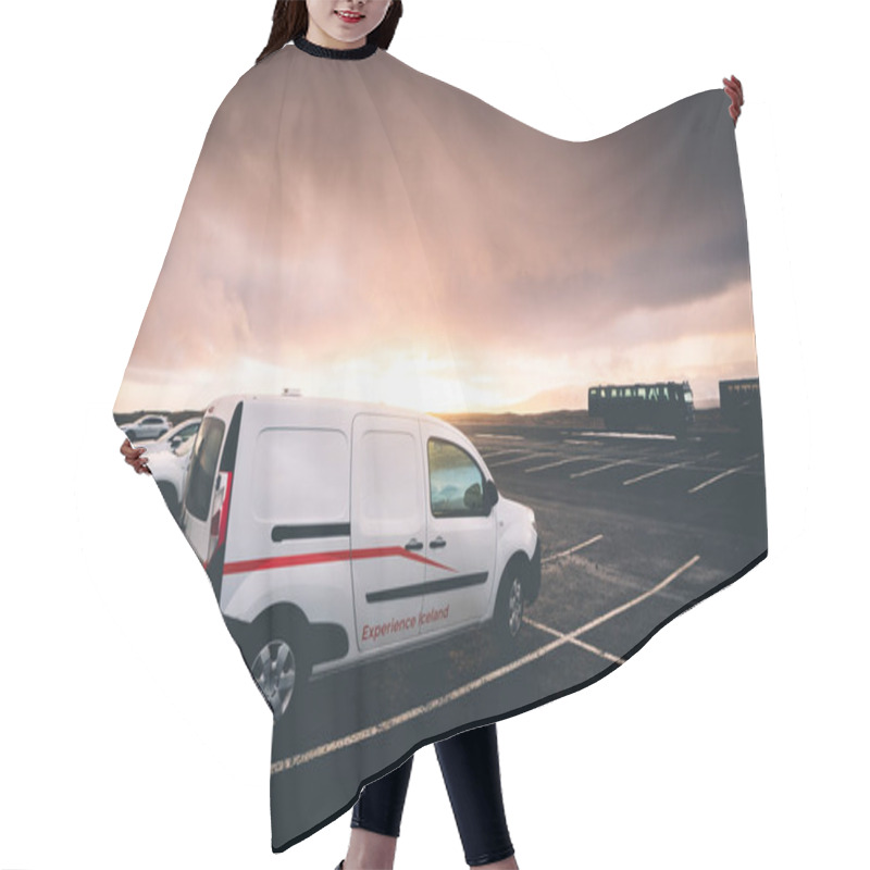 Personality  Reykjavik, Iceland - March 15th, 2023: White Camper Van Stand In Parking Lot In Iceland With Sunset Background Hair Cutting Cape