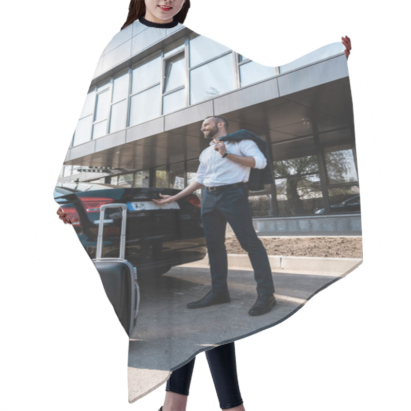 Personality  Low Angle View Of Happy Businessman Standing Near Black Car With Luggage  Hair Cutting Cape