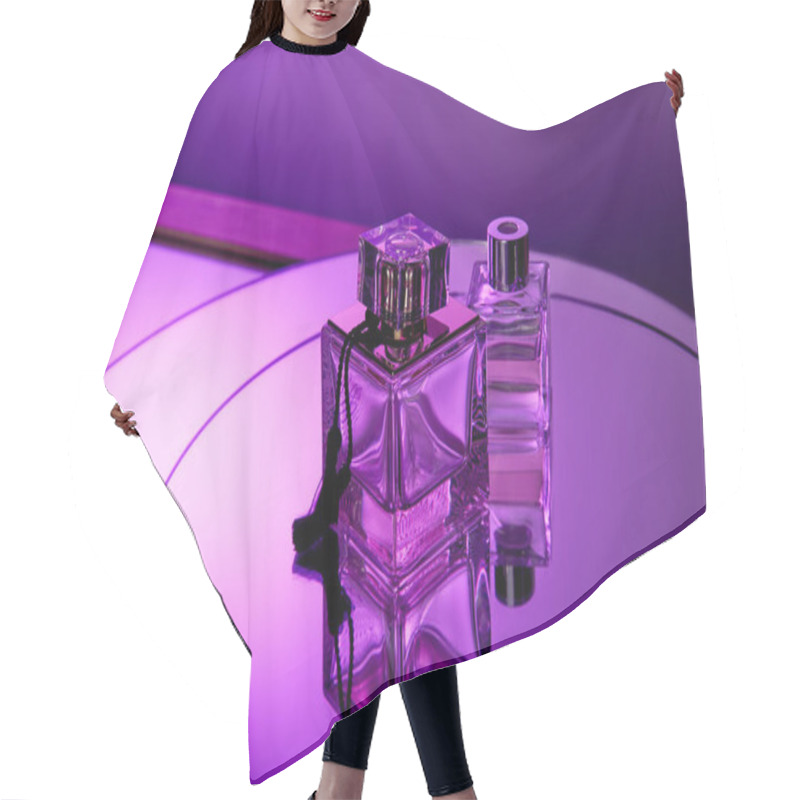 Personality  Purple Glass Perfume Bottles On Round Violet Mirror Surface With Reflection  Hair Cutting Cape